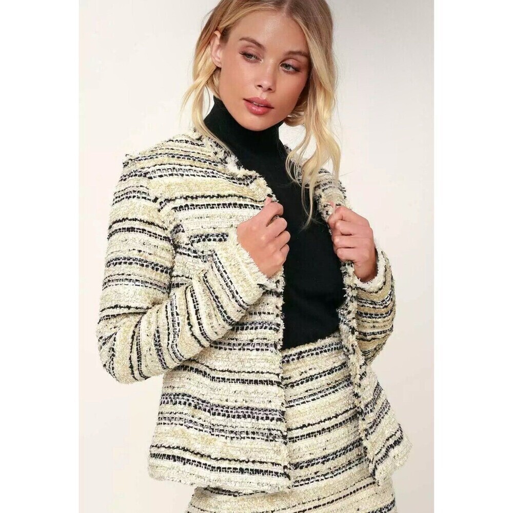Lulu’s Collins Ivory Tweed Striped Suit Jacket Size S